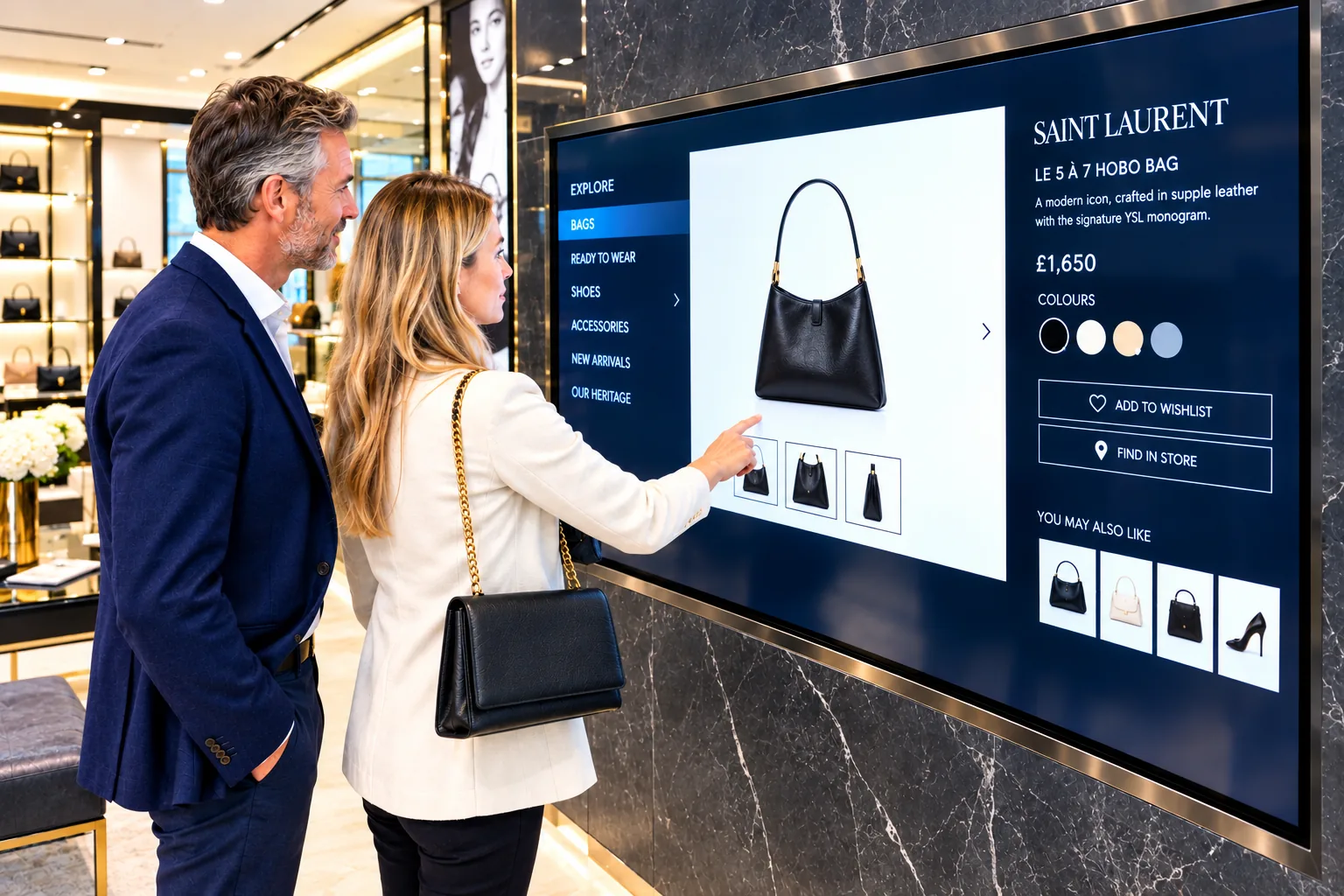 Shoppers browsing products on an interactive touchscreen in a retail boutique