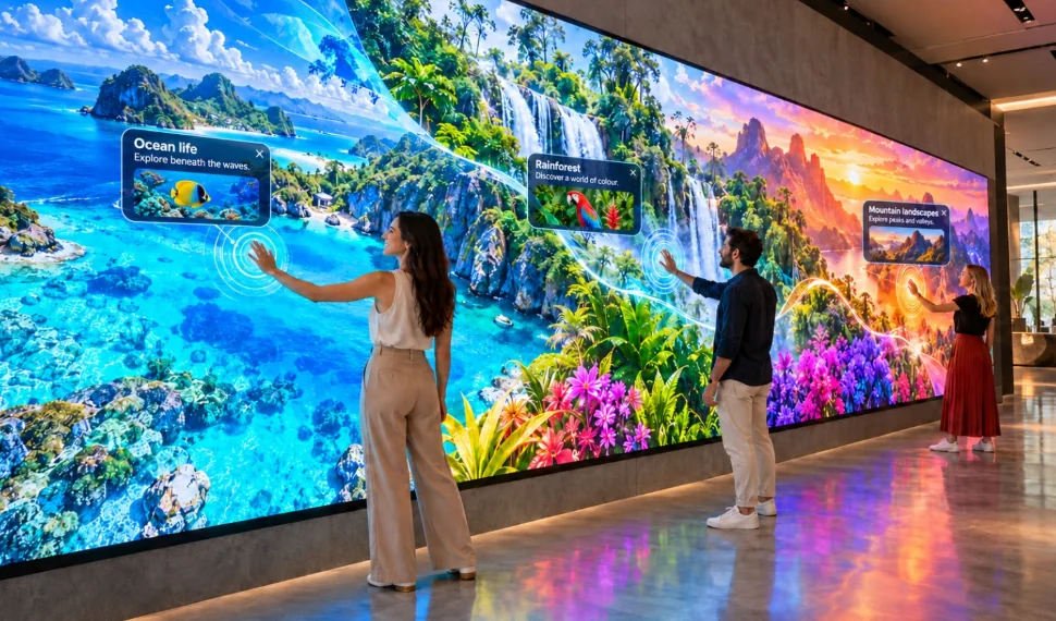 Visitors interacting with a large LED touch wall in a lobby